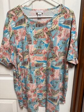 Vintage Fashion Bug Tropical Postcard Print Tee in Light Blue and Coral